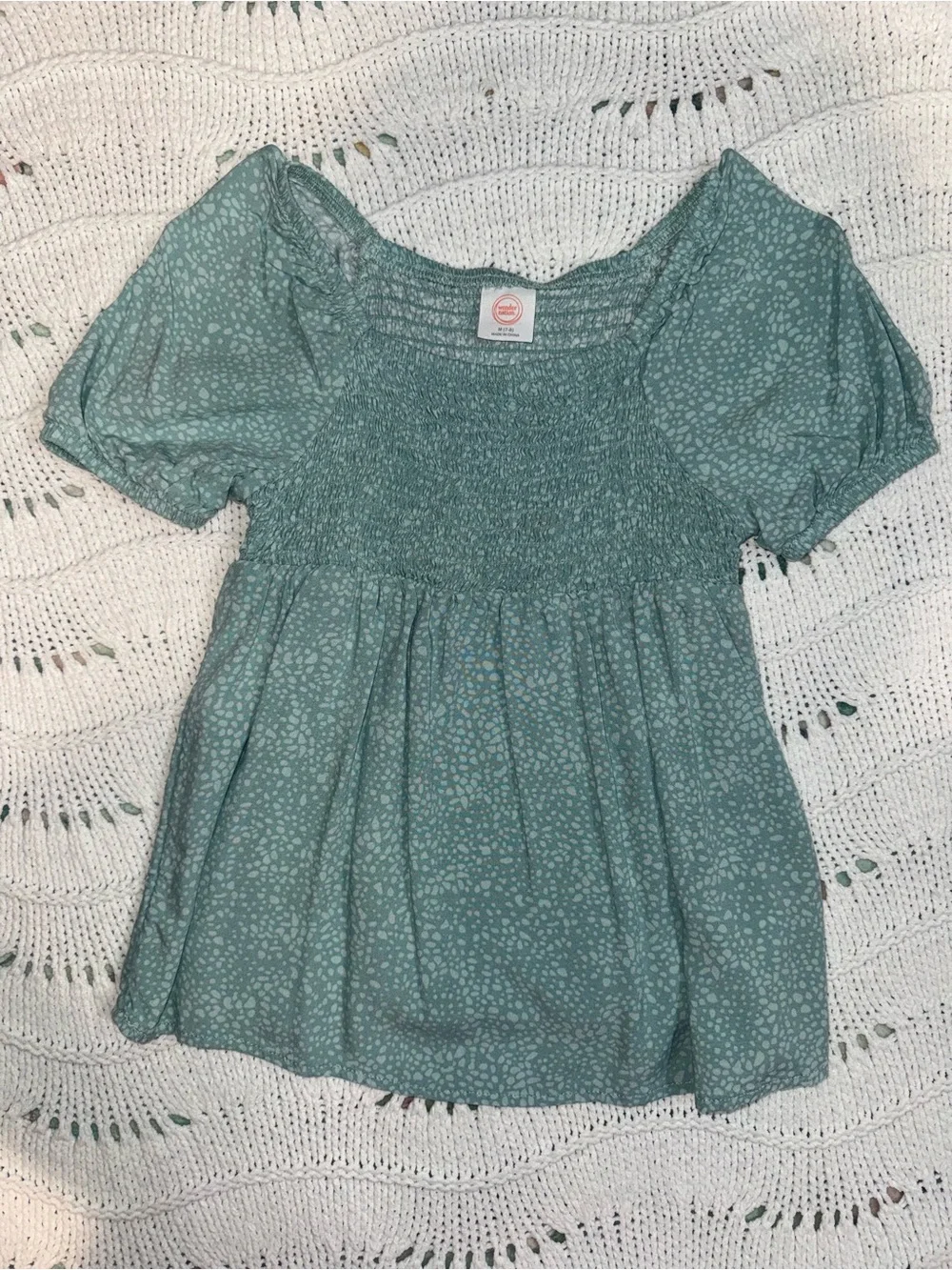 wonder nation Teal Green Smocked Square Neck Puff Sleeve Top